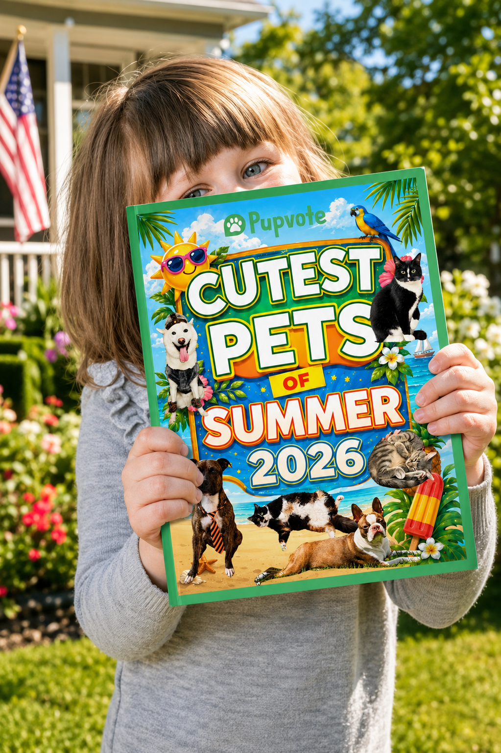 Girl holding the Cutest Pets of Pupvote Summer 2026 photobook